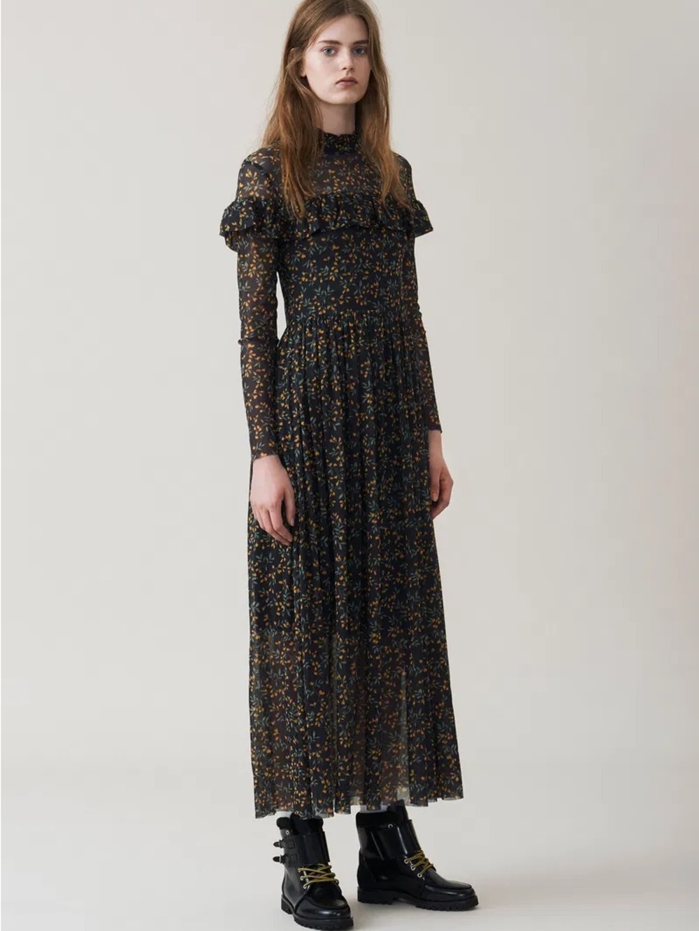GANNI Tilden Ruffled Floral Print Mesh Maxi Dress